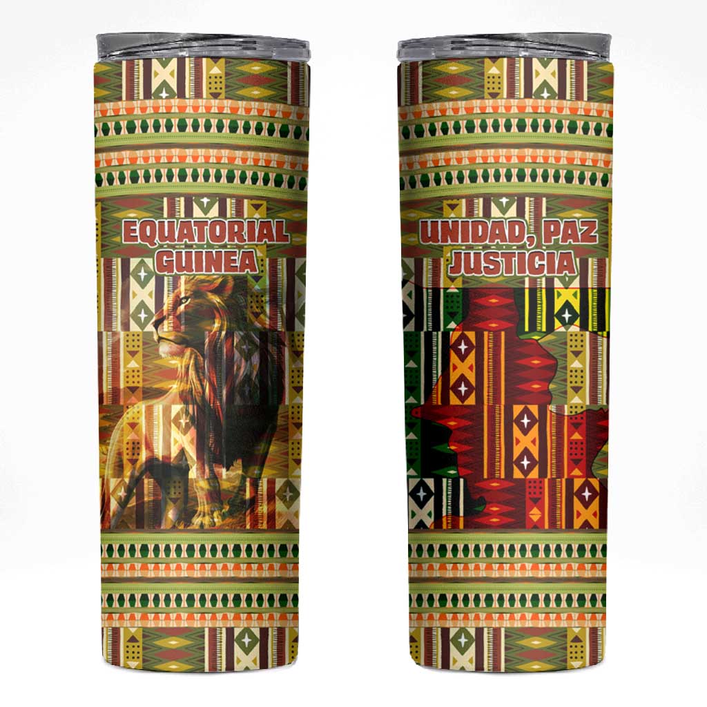 Equatorial Guinea Skinny Tumbler - Lion Print and Traditional African Kente Patterns