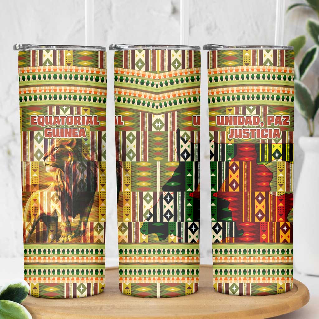 Equatorial Guinea Skinny Tumbler - Lion Print and Traditional African Kente Patterns