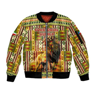 Equatorial Guinea Sleeve Zip Bomber Jacket - Lion Print and Traditional African Kente Patterns