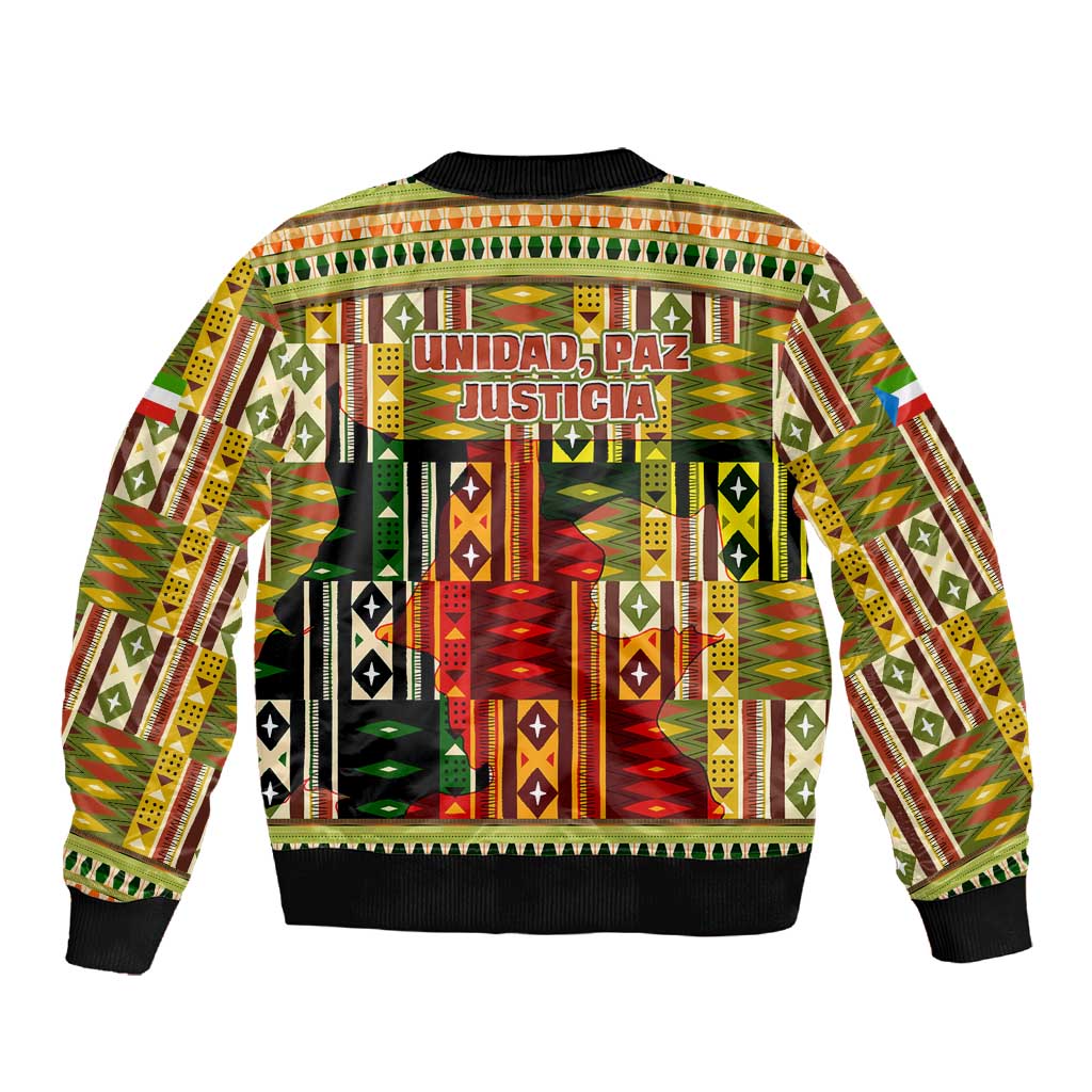 Equatorial Guinea Sleeve Zip Bomber Jacket - Lion Print and Traditional African Kente Patterns