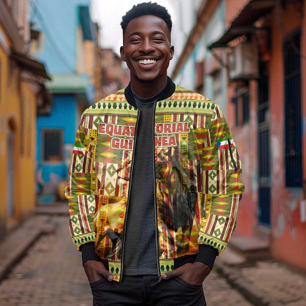Equatorial Guinea Sleeve Zip Bomber Jacket - Lion Print and Traditional African Kente Patterns
