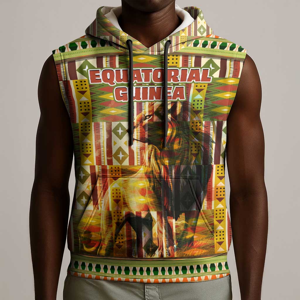 Equatorial Guinea Sleeveless Hoodie - Lion Print and Traditional African Kente Patterns - African Pride