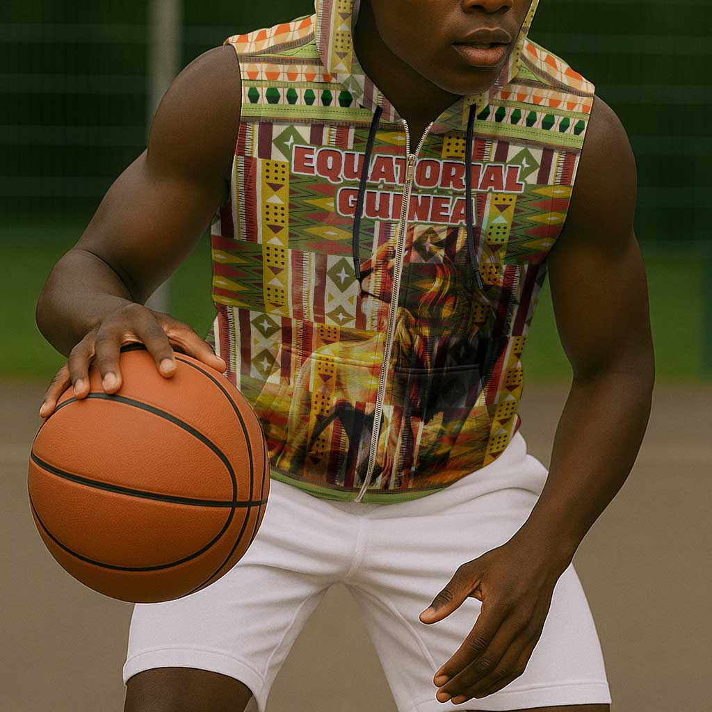 Equatorial Guinea Sleeveless Zip Hoodie - Lion Print and Traditional African Kente Patterns - African Pride
