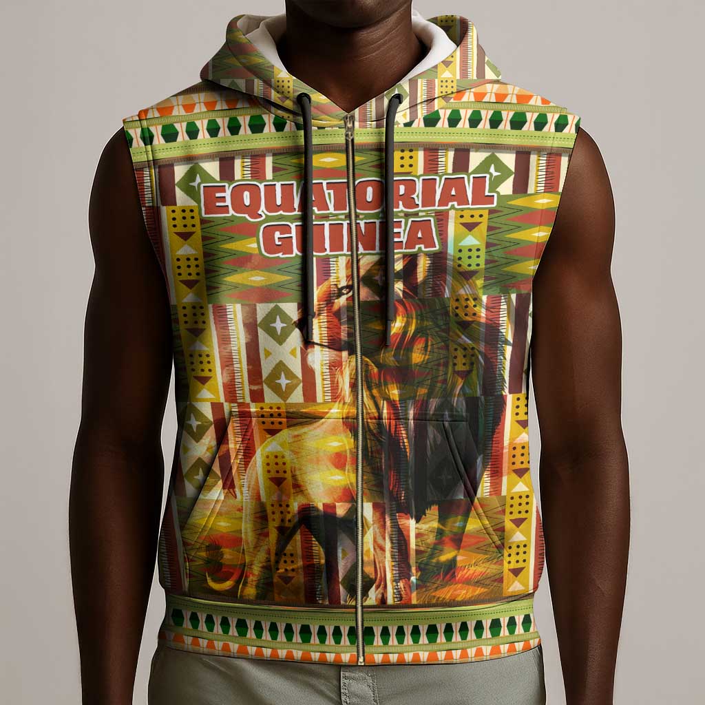 Equatorial Guinea Sleeveless Zip Hoodie - Lion Print and Traditional African Kente Patterns - African Pride
