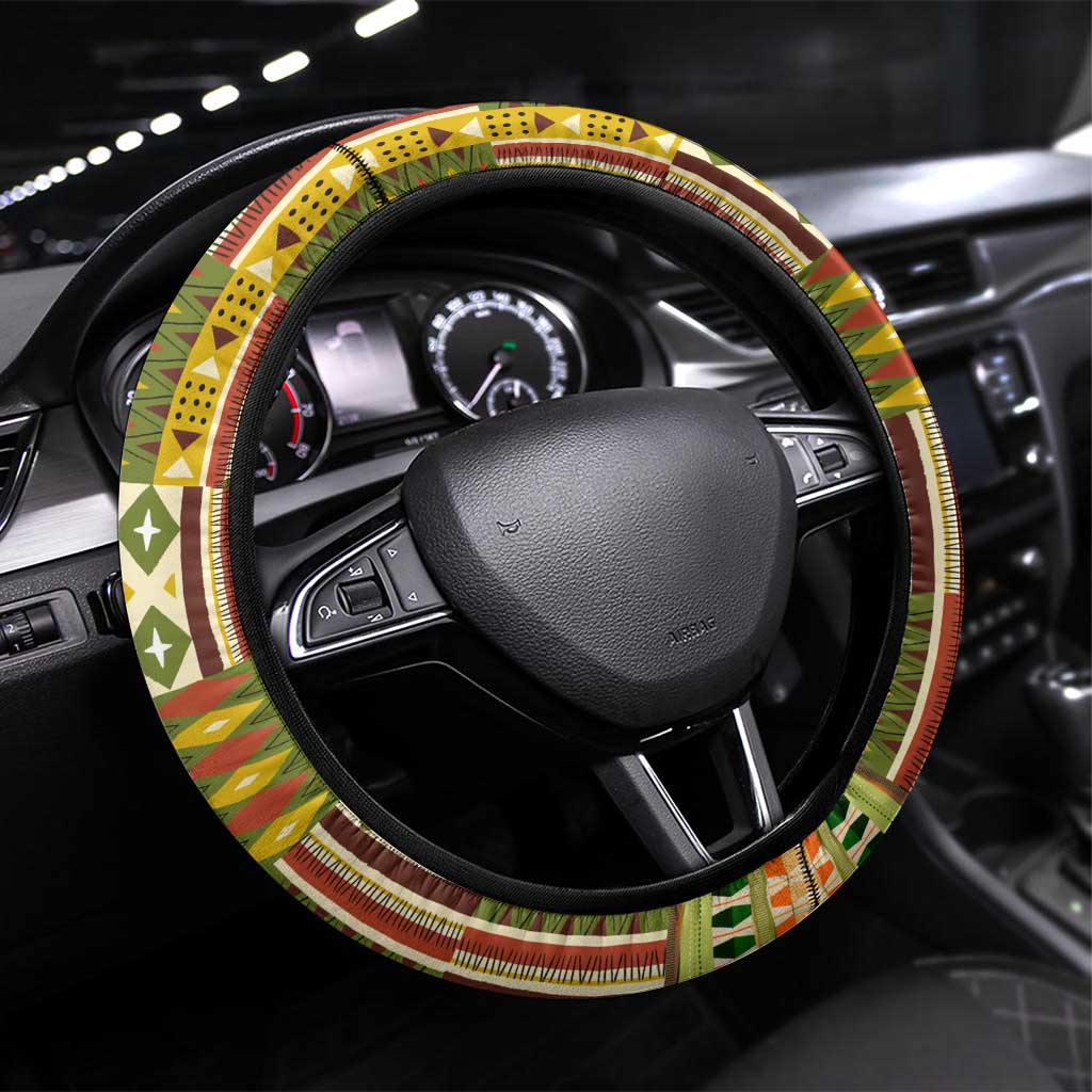 Equatorial Guinea Steering Wheel Cover - Lion Print and Traditional African Kente Patterns