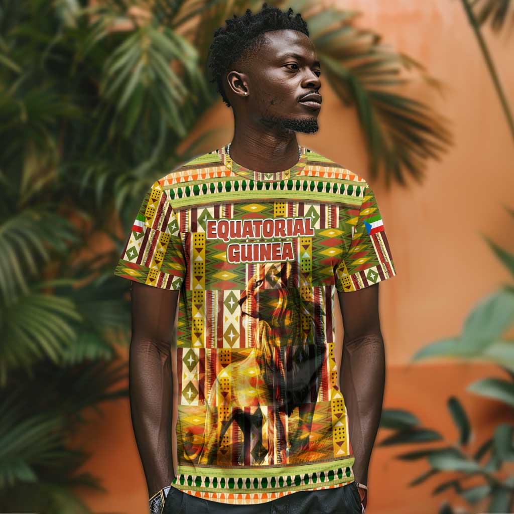 Equatorial Guinea T shirt - Lion Print and Traditional African Kente Patterns