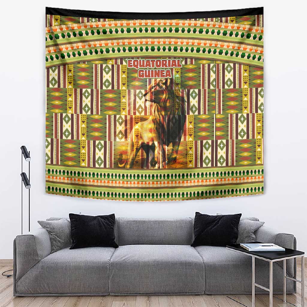 Equatorial Guinea Tapestry - Lion Print and Traditional African Kente Patterns