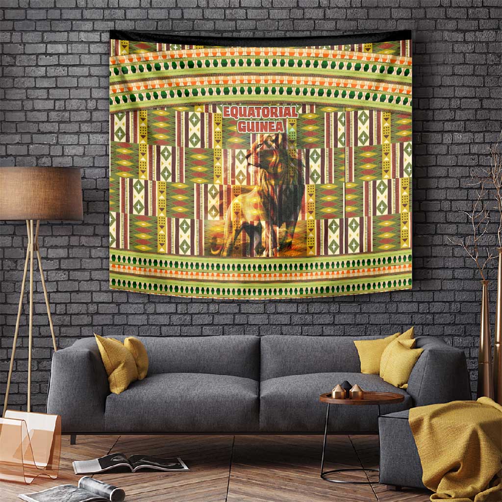 Equatorial Guinea Tapestry - Lion Print and Traditional African Kente Patterns