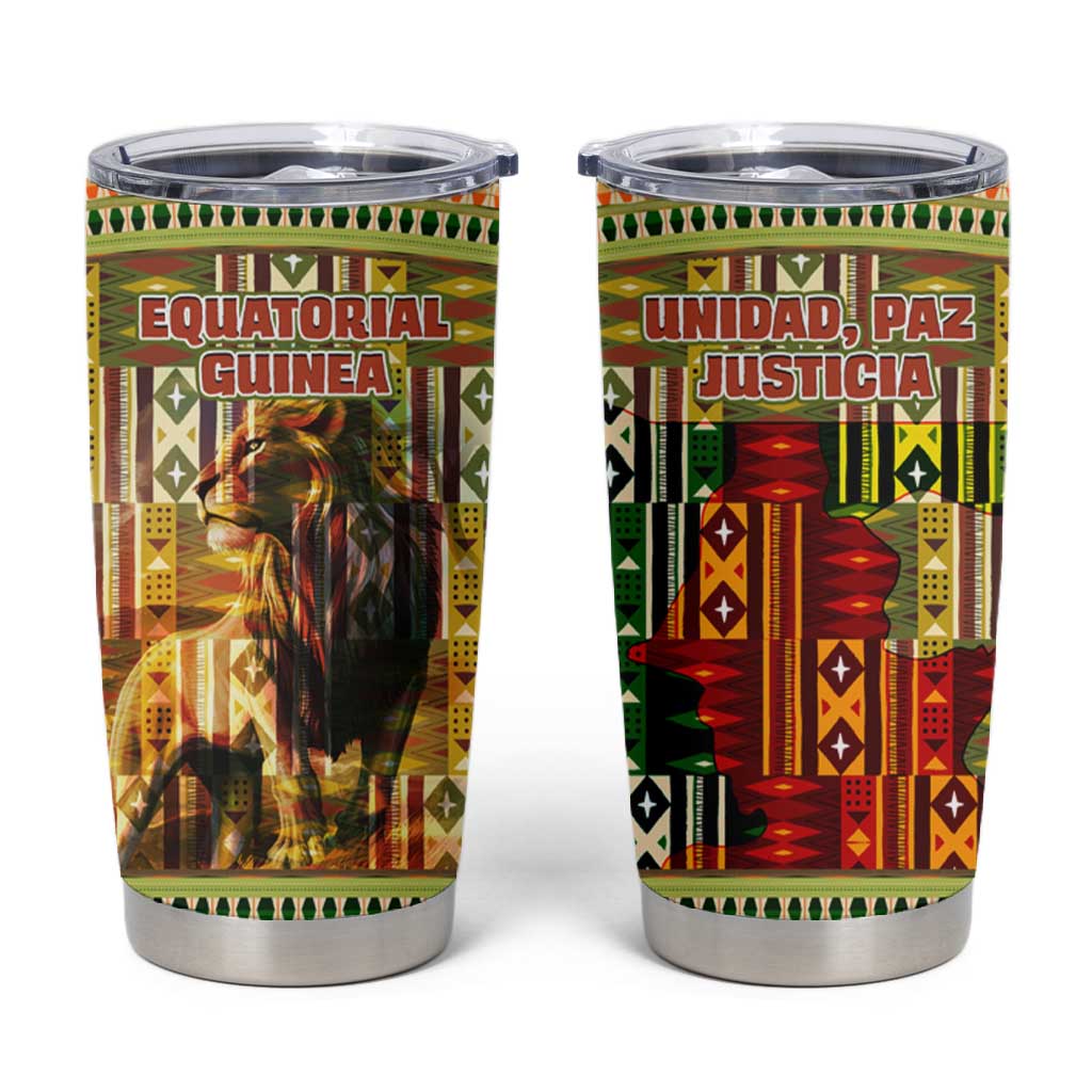 Equatorial Guinea Tumbler Cup - Lion Print and Traditional African Kente Patterns