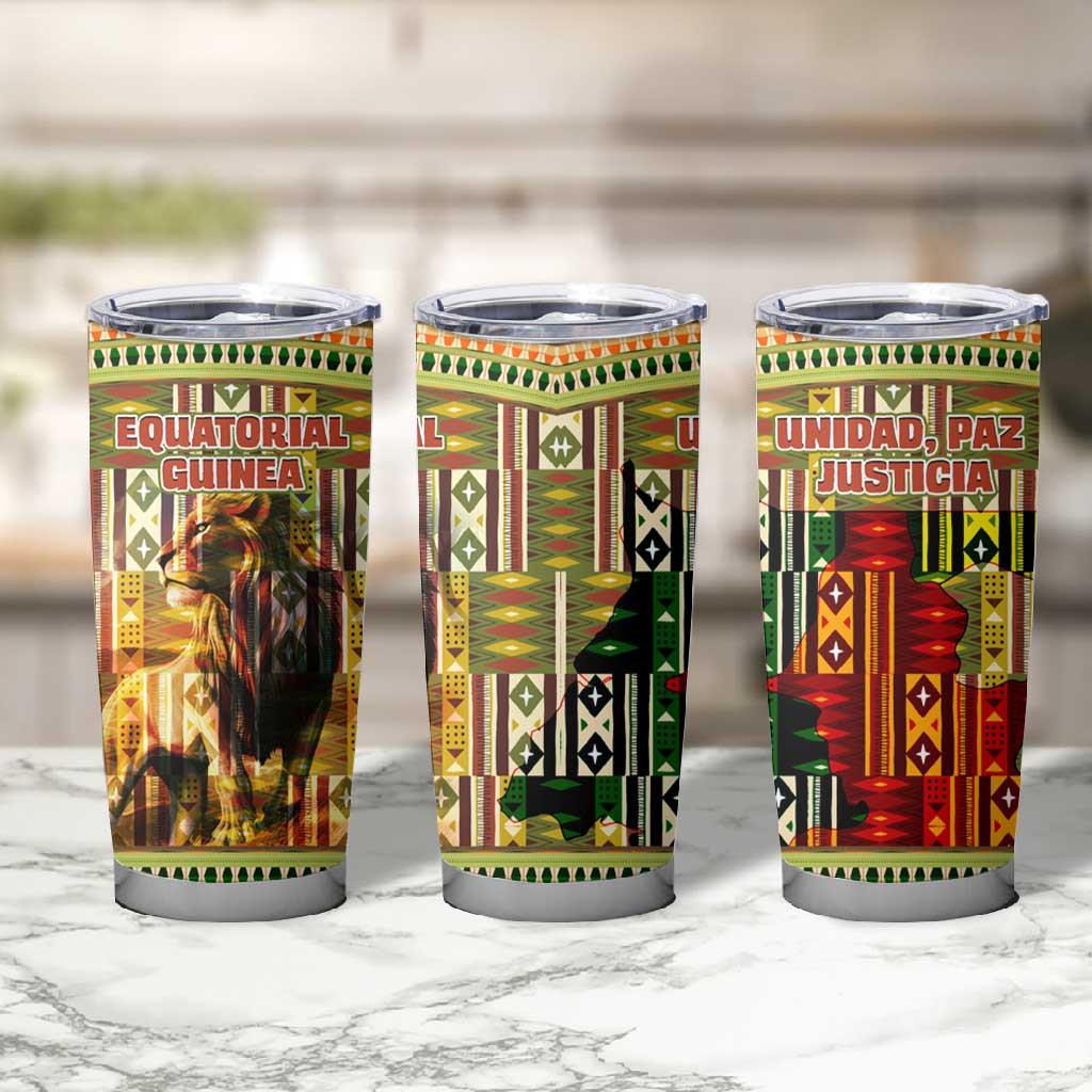 Equatorial Guinea Tumbler Cup - Lion Print and Traditional African Kente Patterns