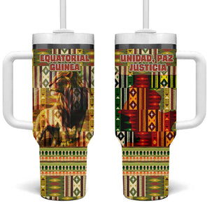 Equatorial Guinea Tumbler With Handle - Lion Print and Traditional African Kente Patterns