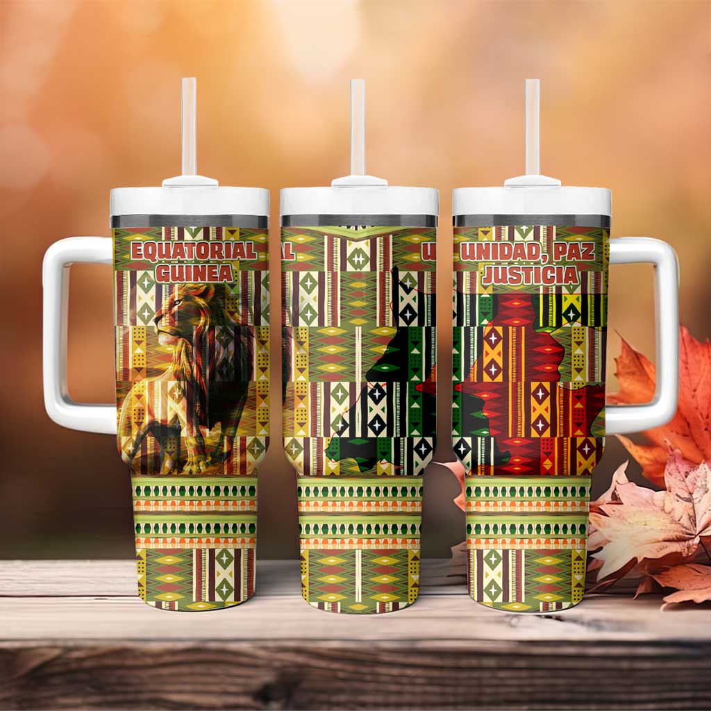 Equatorial Guinea Tumbler With Handle - Lion Print and Traditional African Kente Patterns