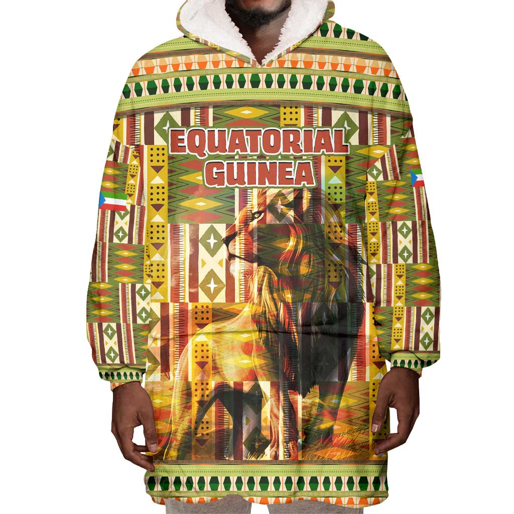 Equatorial Guinea Wearable Blanket Hoodie - Lion Print and Traditional African Kente Patterns