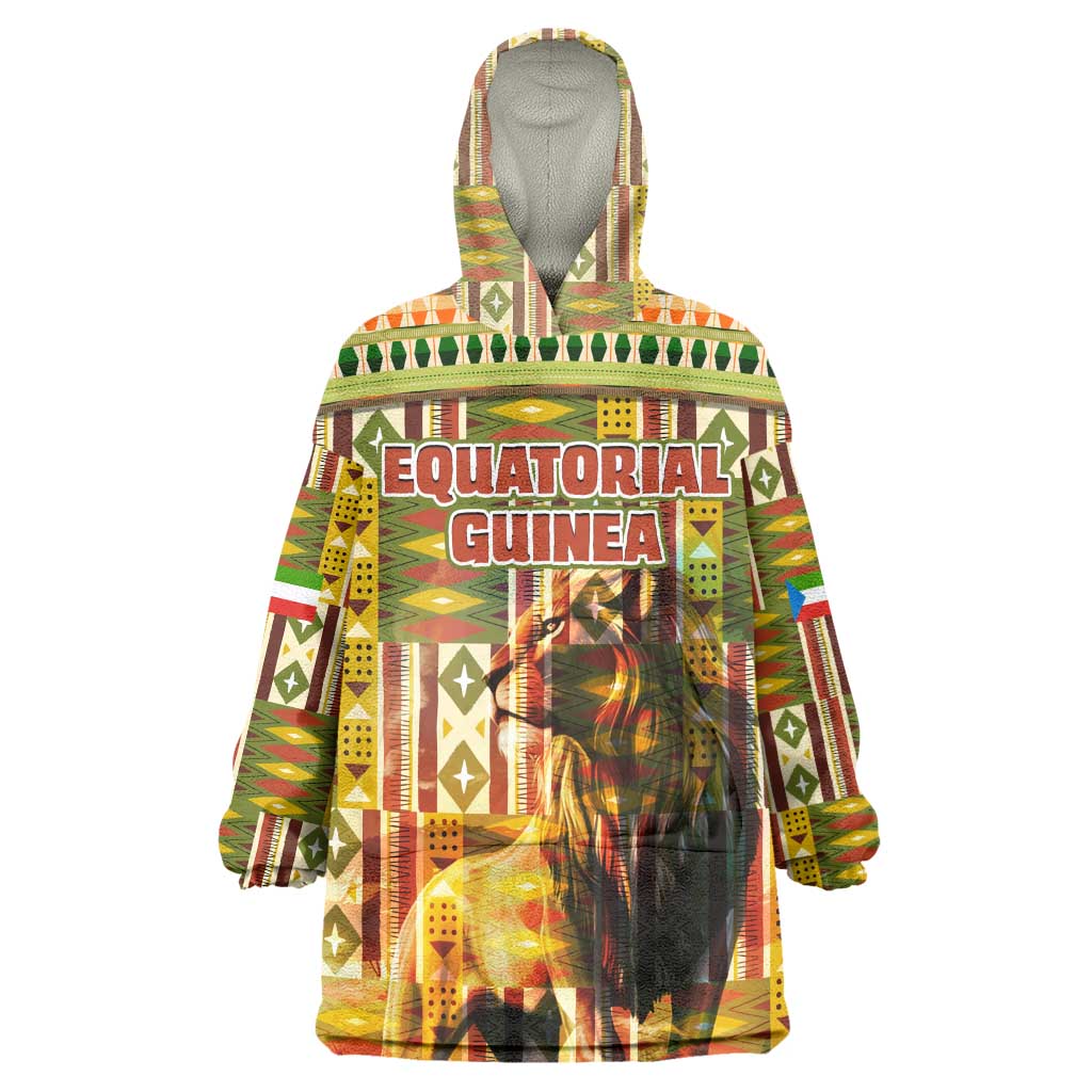 Equatorial Guinea Wearable Blanket Hoodie - Lion Print and Traditional African Kente Patterns