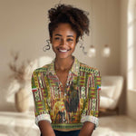 Equatorial Guinea Women Casual Shirt - Lion Print and Traditional African Kente Patterns