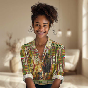 Equatorial Guinea Women Casual Shirt - Lion Print and Traditional African Kente Patterns