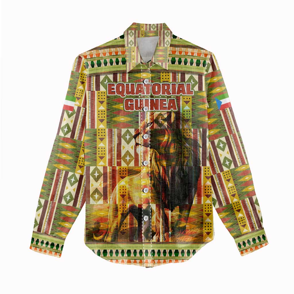 Equatorial Guinea Women Casual Shirt - Lion Print and Traditional African Kente Patterns