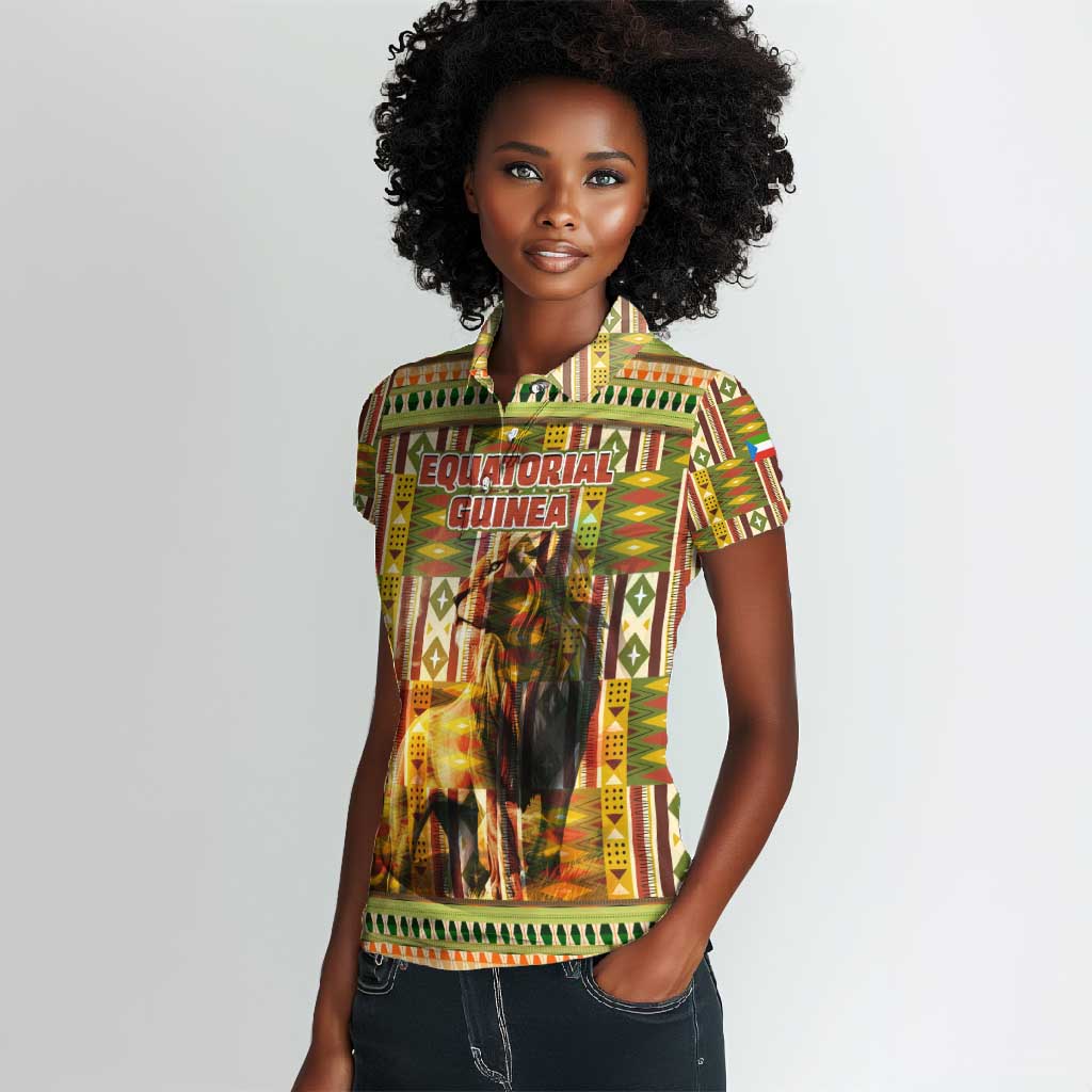 Equatorial Guinea Women Polo Shirt - Lion Print and Traditional African Kente Patterns