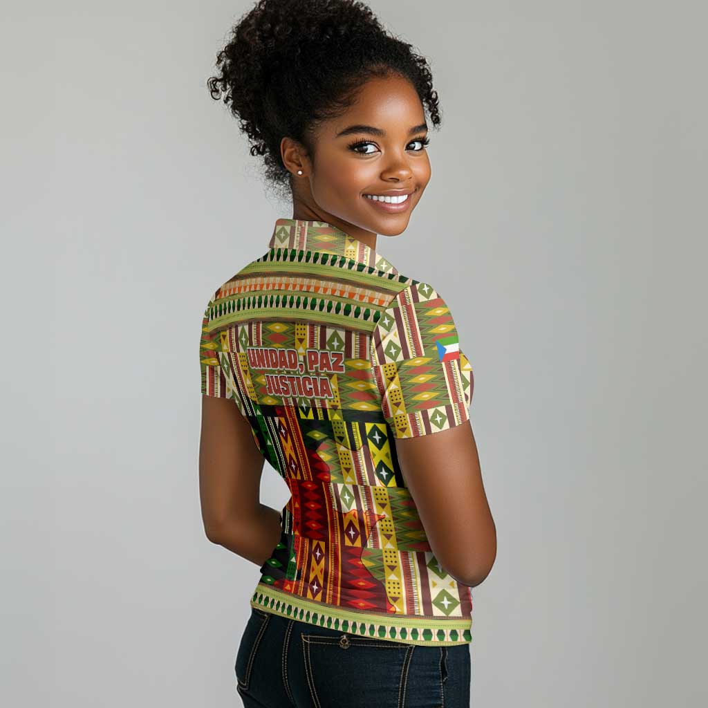 Equatorial Guinea Women Polo Shirt - Lion Print and Traditional African Kente Patterns