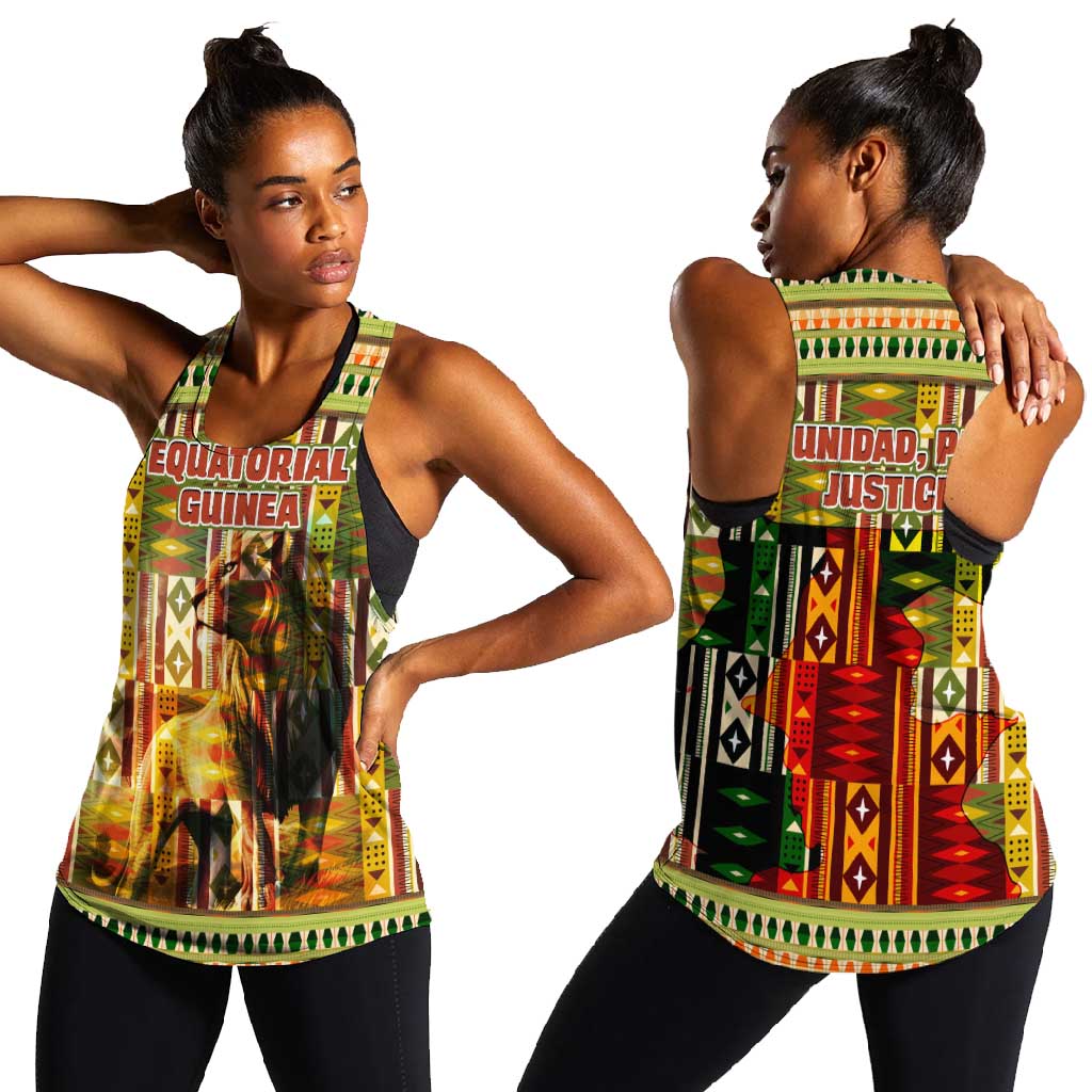 Equatorial Guinea Women Racerback Tank - Lion Print and Traditional African Kente Patterns