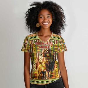 Equatorial Guinea Women V-Neck T-Shirt - Lion Print and Traditional African Kente Patterns