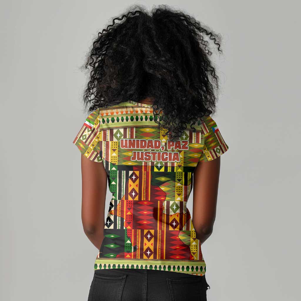 Equatorial Guinea Women V-Neck T-Shirt - Lion Print and Traditional African Kente Patterns