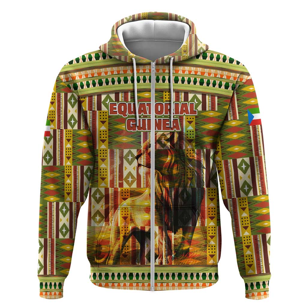 Equatorial Guinea Zip Hoodie - Lion Print and Traditional African Kente Patterns