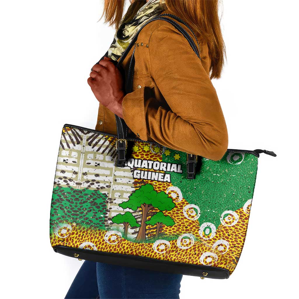 Equatorial Guinea Baobab Tree Leather Tote Bag - Tribal Patterns and Heritage Quote