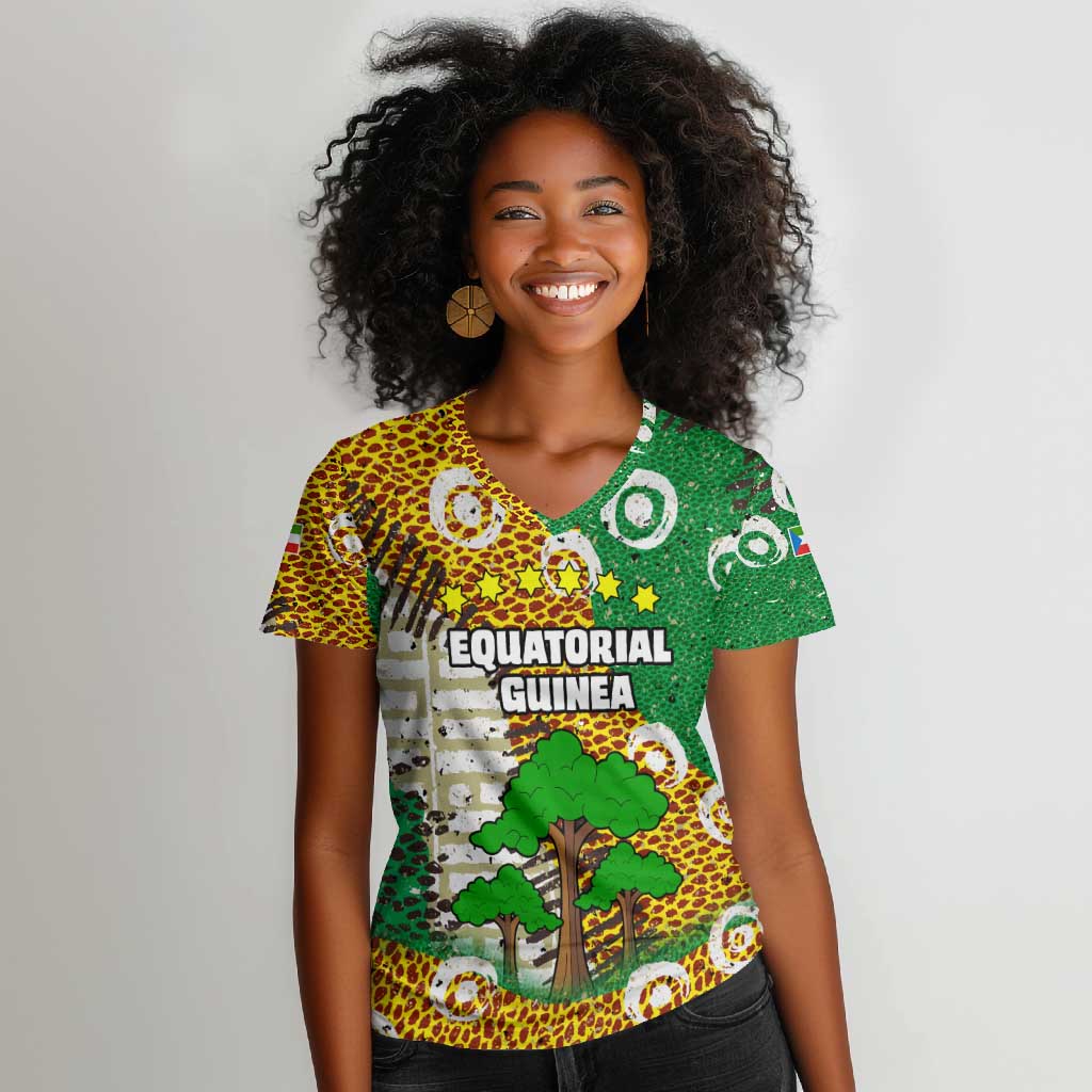 Equatorial Guinea Baobab Tree Women V-Neck T-Shirt - Tribal Patterns and Heritage Quote