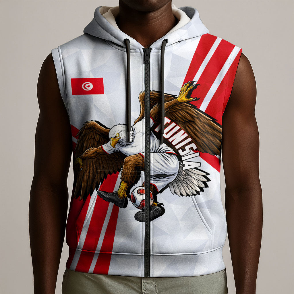 Personalized Tunisia Soccer Sleeveless Zip Hoodie Tunisia Flag Eagle Football Mascot