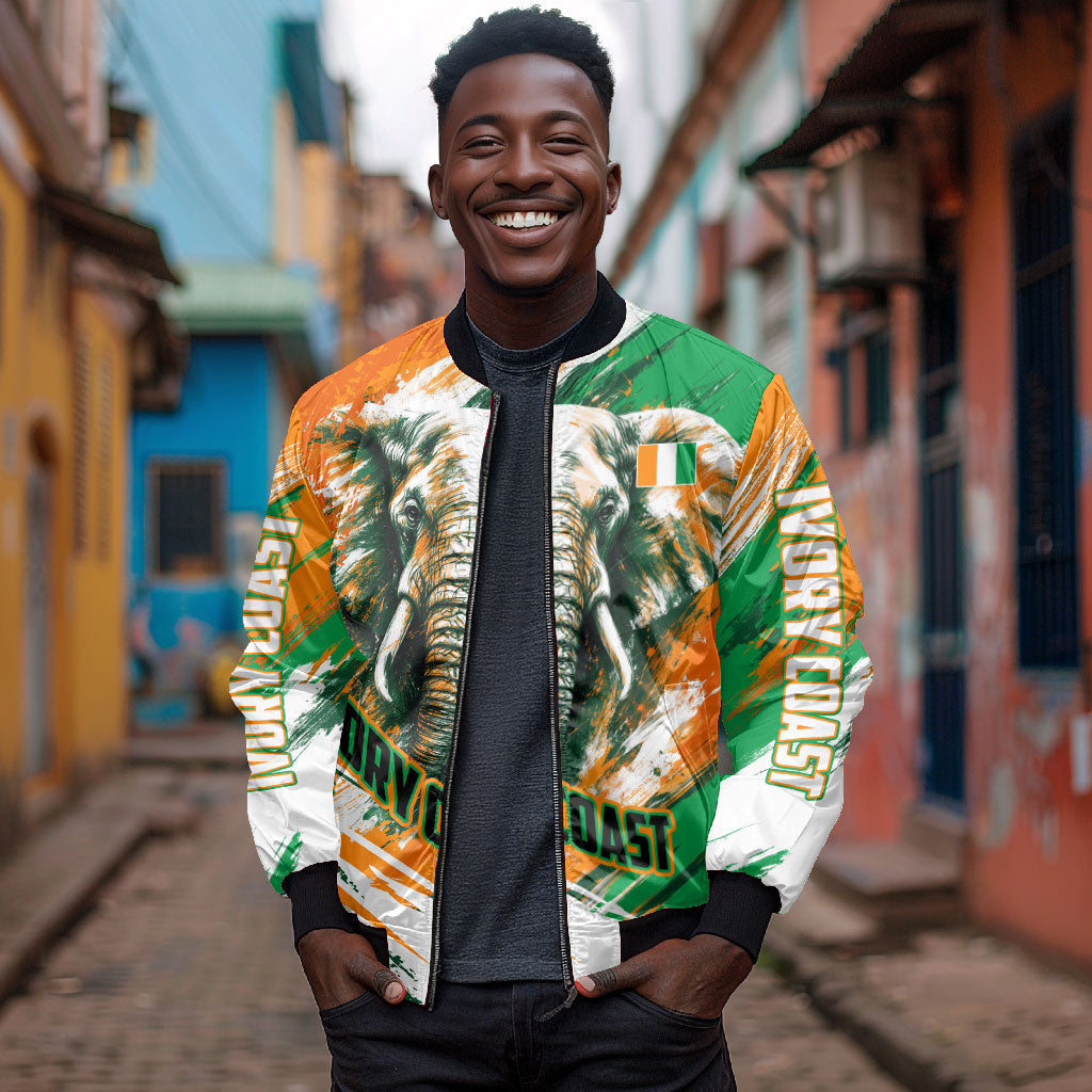 Personalized Ivory Coast Football Bomber Jacket Elephant Football Splatter Art