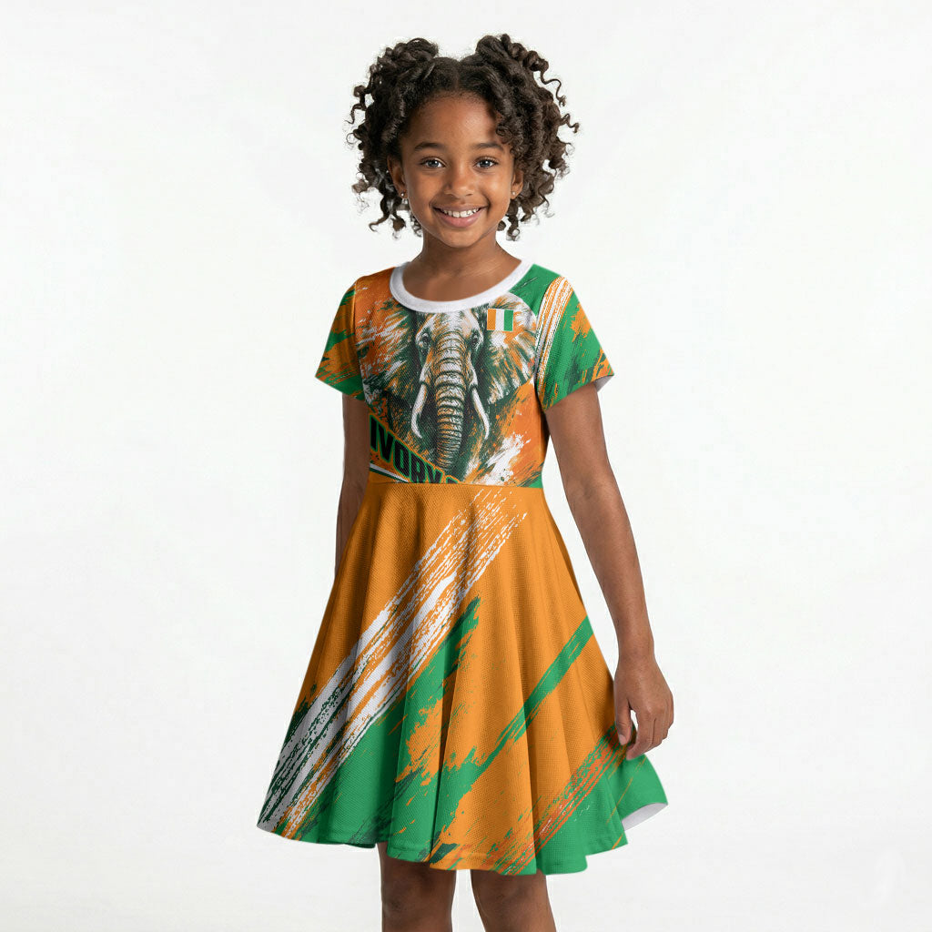 Personalized Ivory Coast Football Kid Short Sleeve Dress Elephant Football Splatter Art