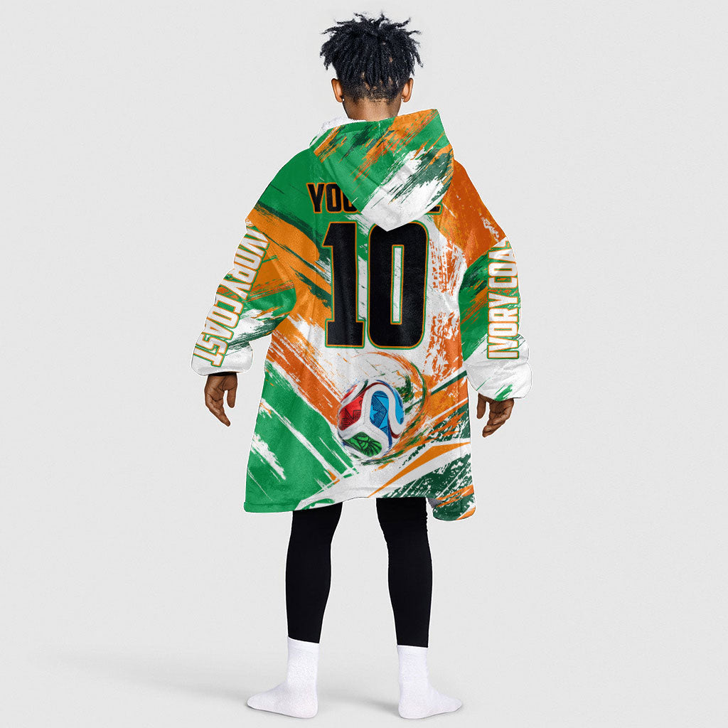 Personalized Ivory Coast Football Kid Wearable Blanket Hoodie Elephant Football Splatter Art