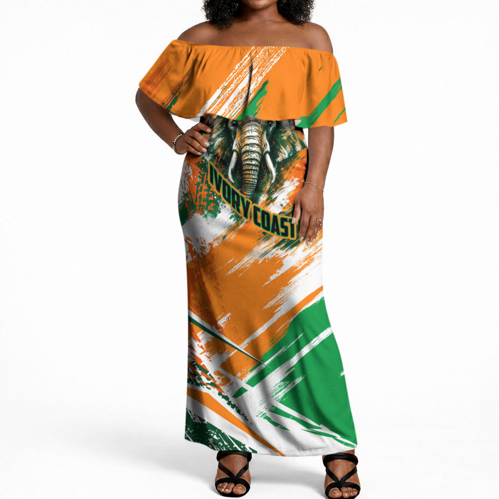 Personalized Ivory Coast Football Off Shoulder Maxi Dress Elephant Football Splatter Art