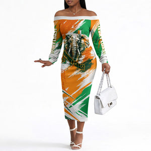 Personalized Ivory Coast Football Off The Shoulder Long Sleeve Dress Elephant Football Splatter Art