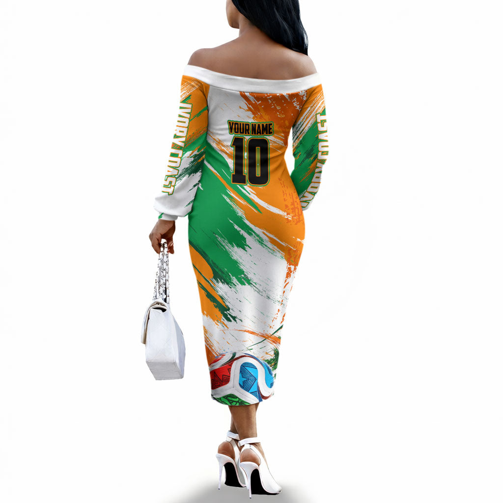 Personalized Ivory Coast Football Off The Shoulder Long Sleeve Dress Elephant Football Splatter Art
