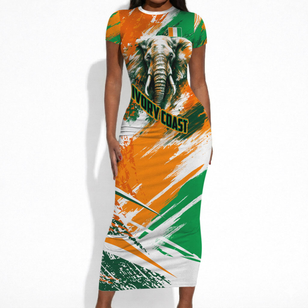 Personalized Ivory Coast Football Short Sleeve Bodycon Dress Elephant Football Splatter Art