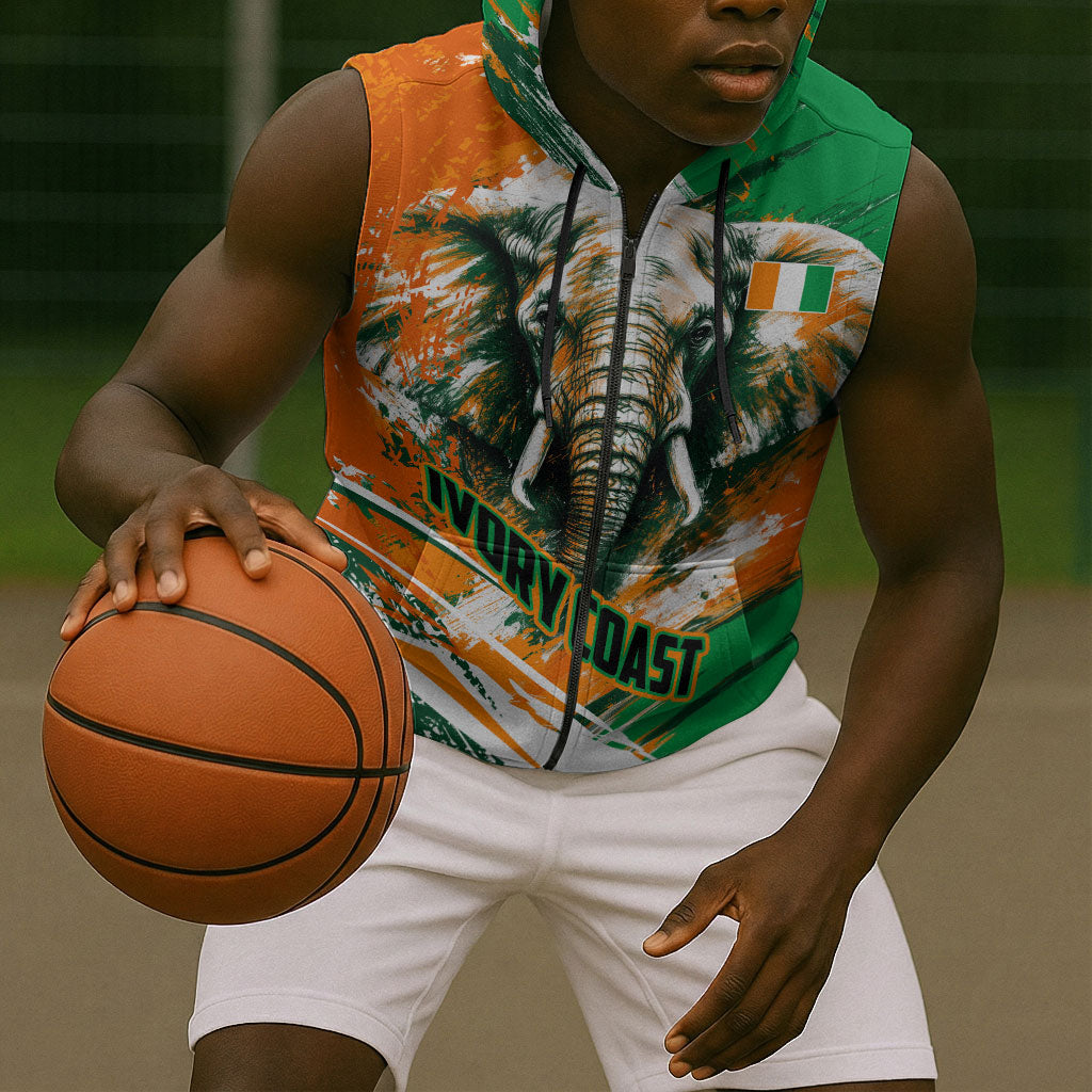 Personalized Ivory Coast Football Sleeveless Zip Hoodie Elephant Football Splatter Art
