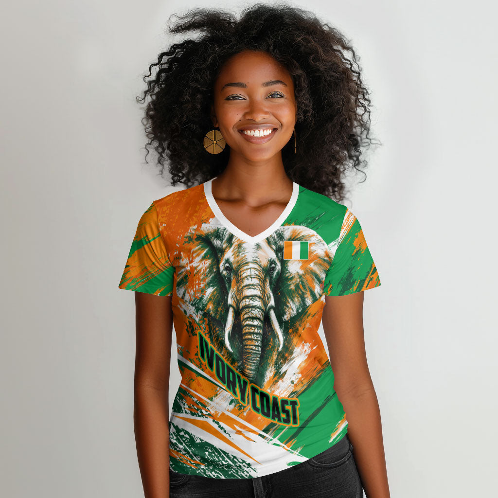 Personalized Ivory Coast Football Women V-Neck T-Shirt Elephant Football Splatter Art