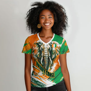 Personalized Ivory Coast Football Women V-Neck T-Shirt Elephant Football Splatter Art