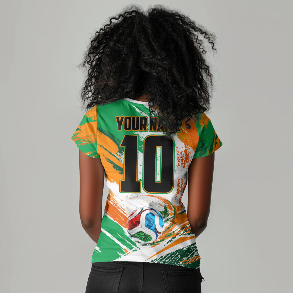 Personalized Ivory Coast Football Women V-Neck T-Shirt Elephant Football Splatter Art