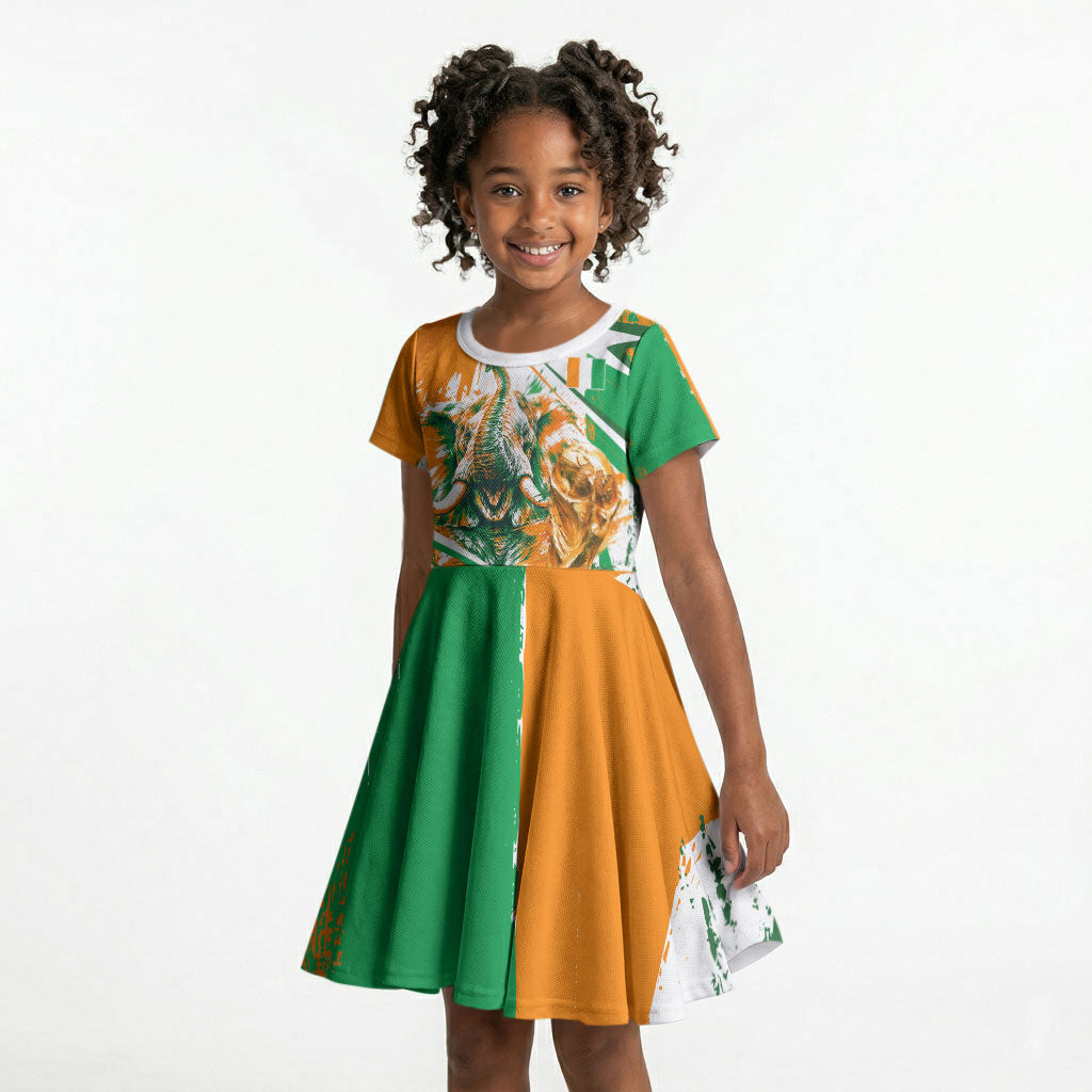 Personalized Ivory Coast Football Kid Short Sleeve Dress African Elephant Trophy