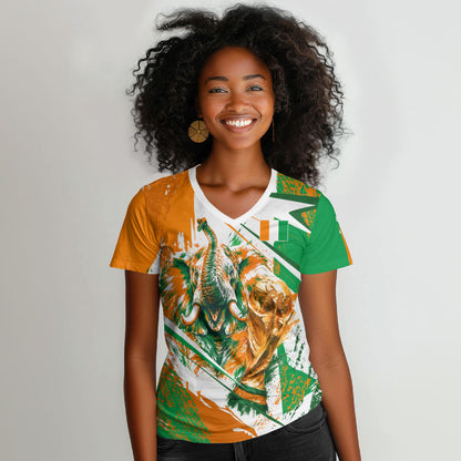 Personalized Ivory Coast Football Women V-Neck T-Shirt African Elephant Trophy