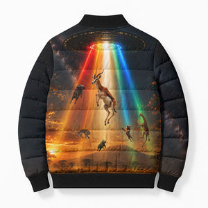 South Africa Safari UFO Bomber Puffer Jacket African Wildlife Sci-Fi Galaxy Space And Mandela