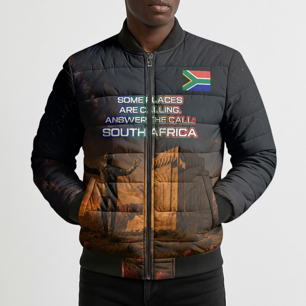 South Africa Safari UFO Bomber Puffer Jacket African Wildlife Sci-Fi Galaxy Space And Mandela