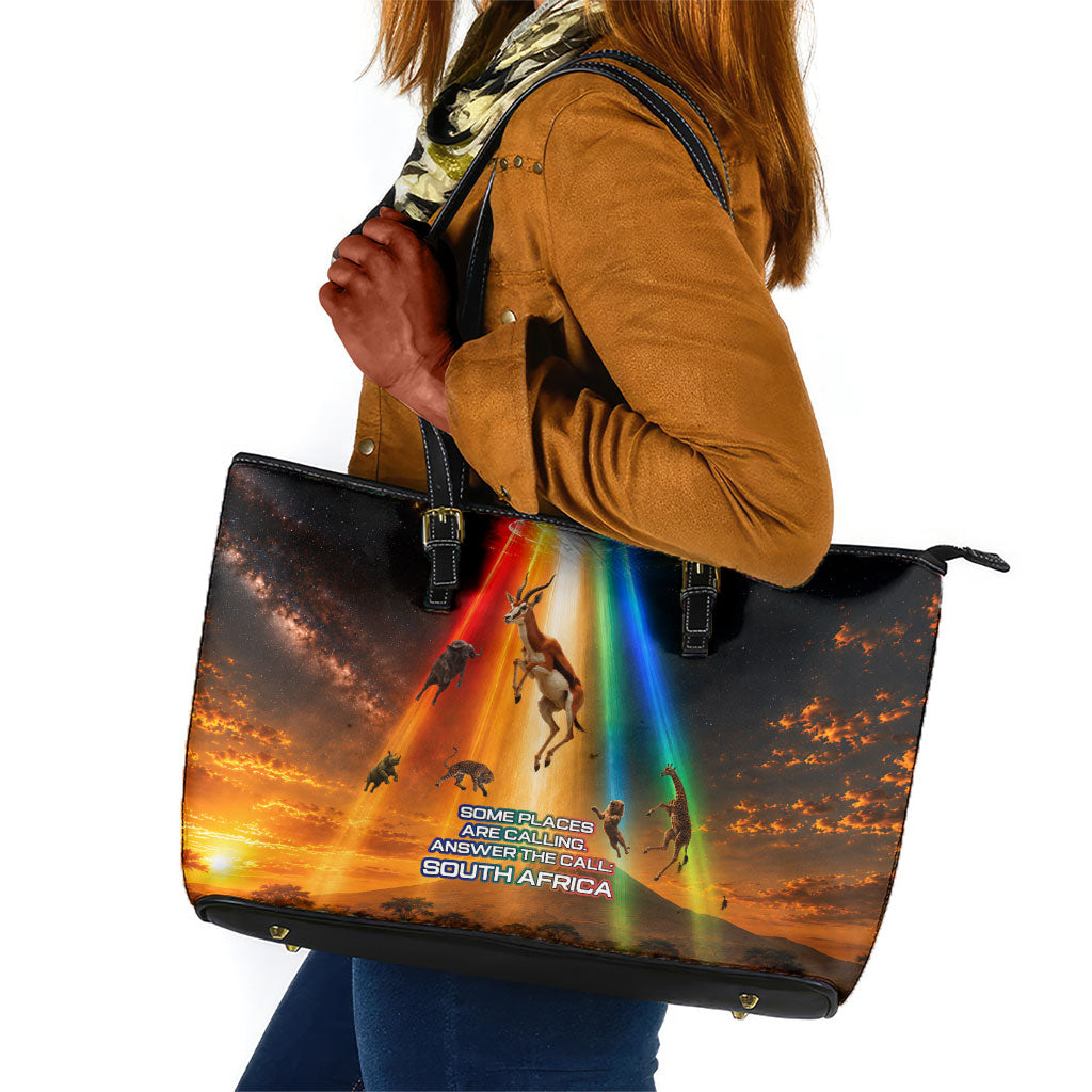 South Africa Safari UFO Leather Tote Bag African Wildlife Sci-Fi Galaxy Space And Mandela