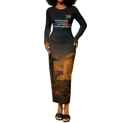South Africa Safari UFO Long Sleeve Bodycon Dress African Wildlife Sci-Fi Galaxy Space And Mandela