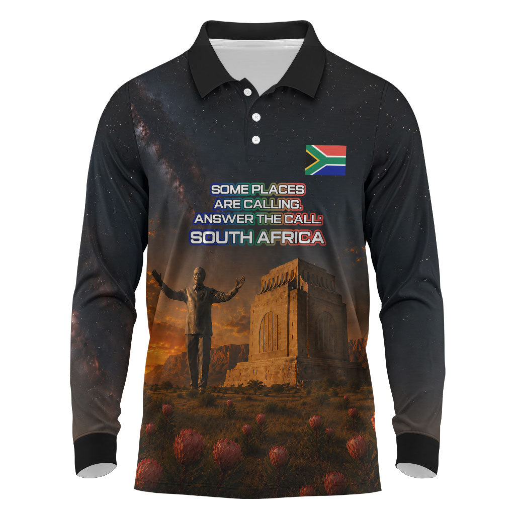 South Africa Safari UFO Long Sleeve Polo Shirt African Wildlife Sci-Fi Galaxy Space And Mandela