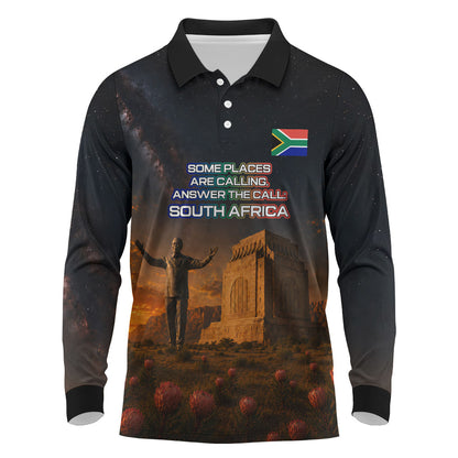 South Africa Safari UFO Long Sleeve Polo Shirt African Wildlife Sci-Fi Galaxy Space And Mandela