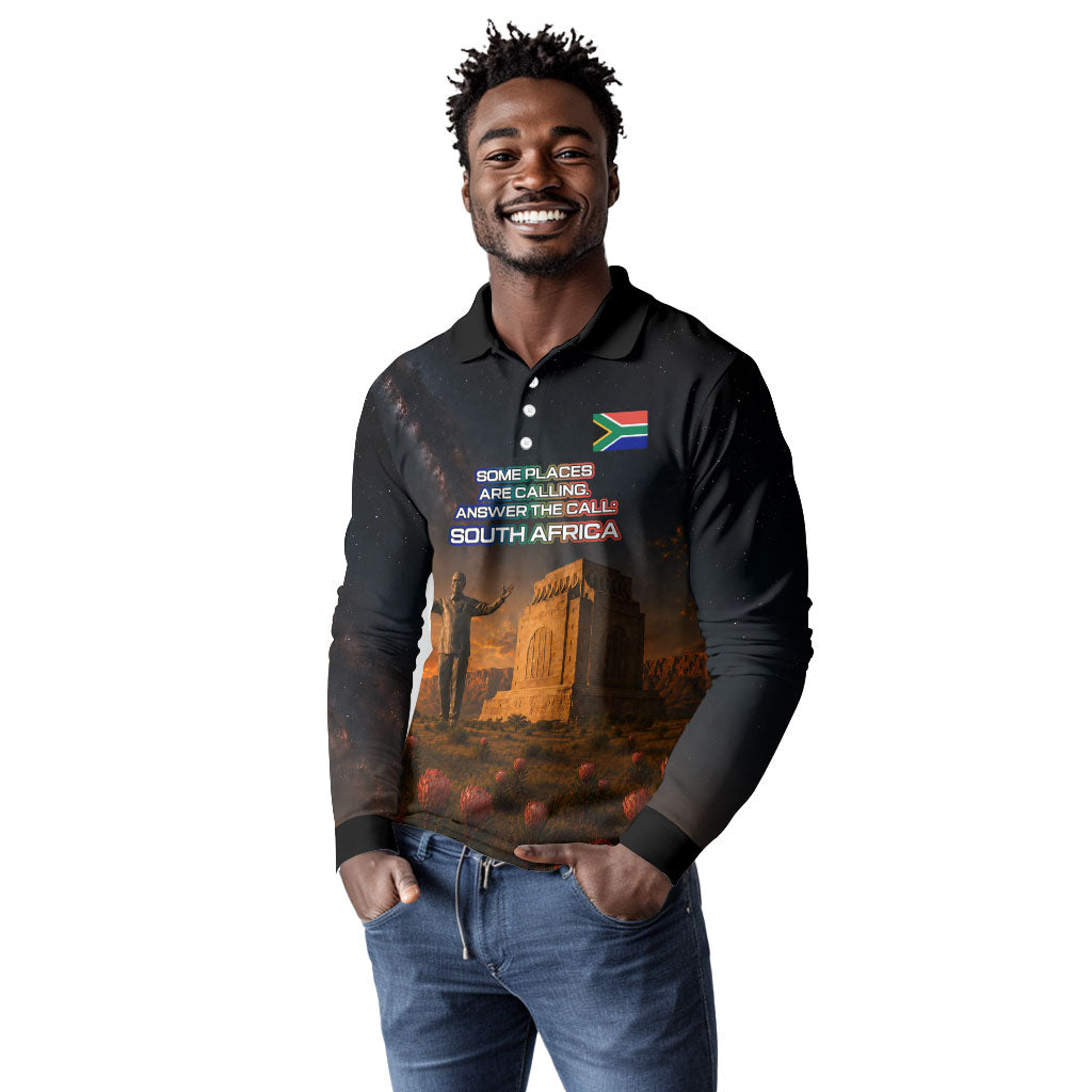 South Africa Safari UFO Long Sleeve Polo Shirt African Wildlife Sci-Fi Galaxy Space And Mandela
